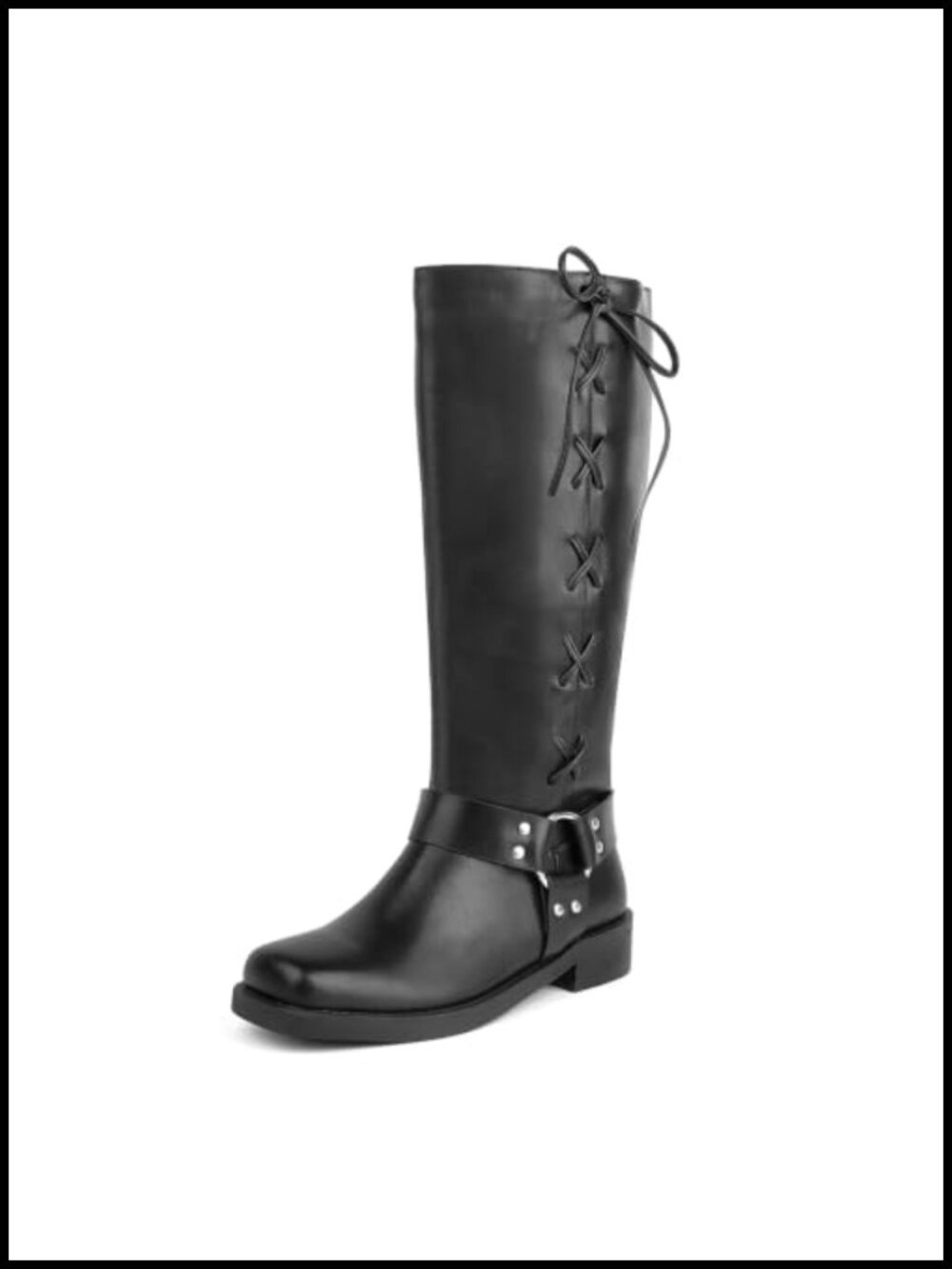 Faux Leather Knee High Motorcycle Boots Square Toe Pull-On Biker Boots